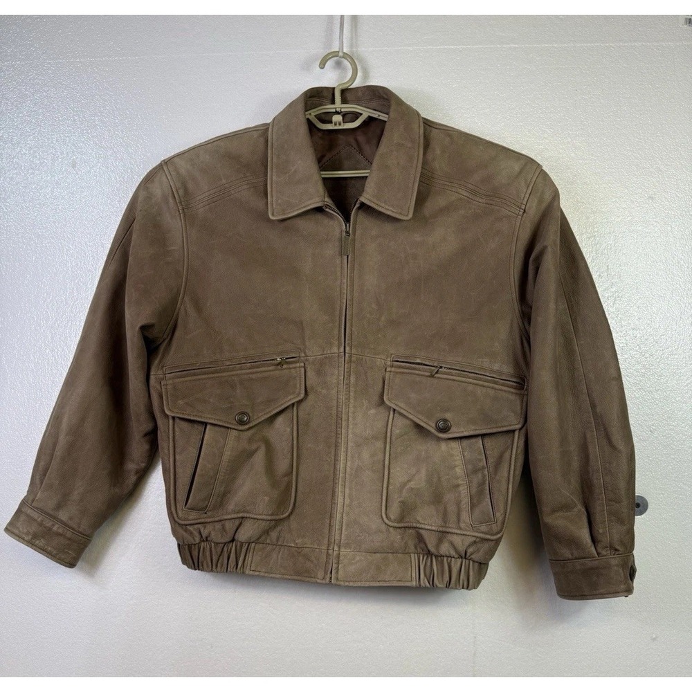 Roundtree & Yorke Leather Jacket Mens L Brown Bomber Zip Coat Pockets Lined Moto